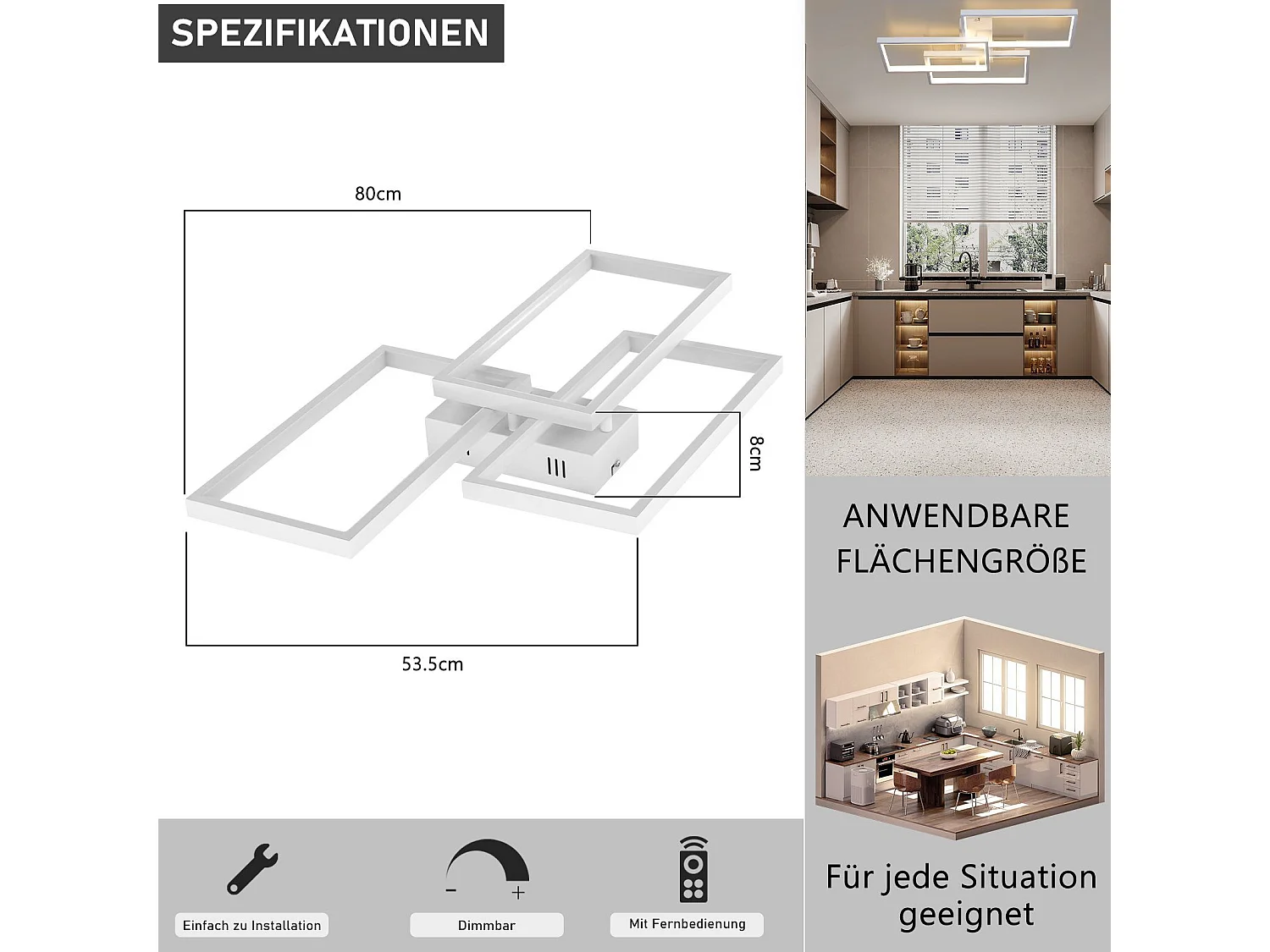 NETTLIFE Lámpara de Techo LED de Metal Blanco 72W 80cm Lámpara de Salón Moderna Regulable con Diseño Rectangular para Dormitorios, Dormitorios