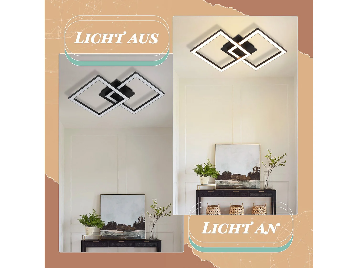 NETTLIFE Plafondlamp LED Zwart modern vierkant 3000K Warm wit Licht 2 Lichts geometrische Design Plafondverlichting 24W voor Woonkamer | Slaapkamer | Keuken | Gang