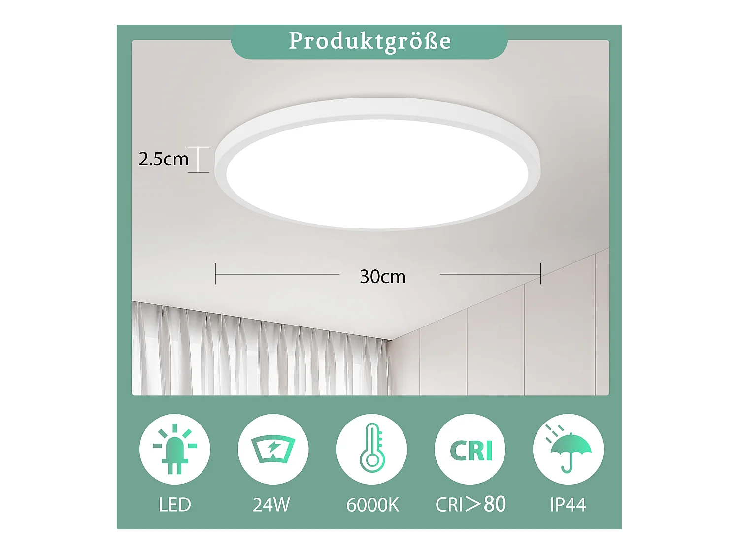 NETTLIFE Plafonnier LED Ø 30 cm Lampe de cuisine plate Lampe blanche ronde 24 W Chambre à coucher IP44 6000 K Lampe de couloir pour salle de bain