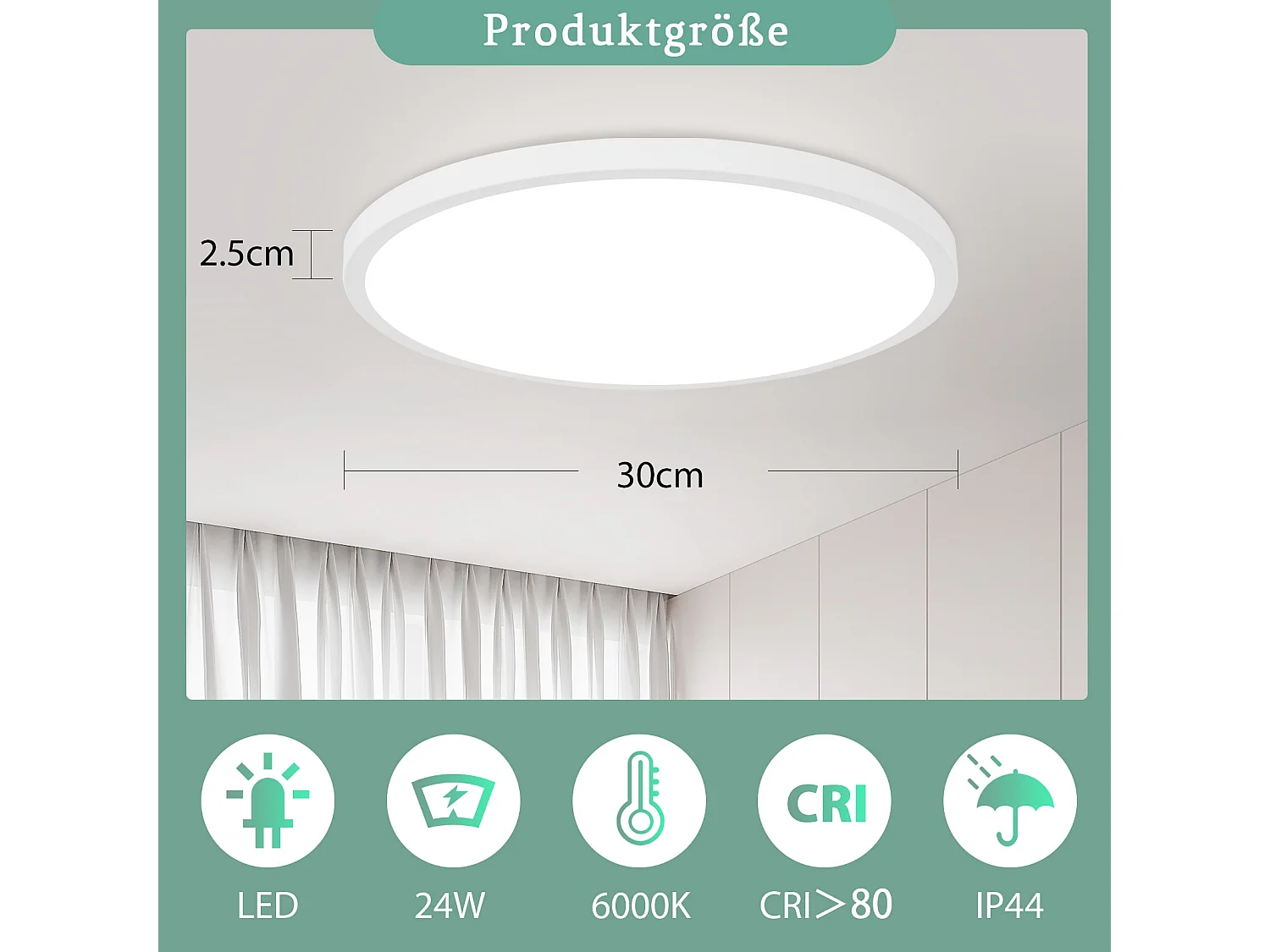NETTLIFE Plafonnier LED Ø 30 cm Lampe de cuisine plate Lampe blanche ronde 24 W Chambre à coucher IP44 6000 K Lampe de couloir pour salle de bain
