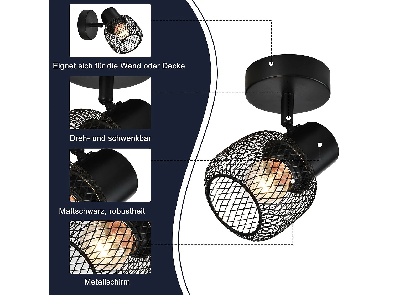 NETTLIFE Opbouwspot 1 vlammen E27 zwart rond Plafondspot vintage metaal verstelbaar 330°spot plafondlamp spot voor woonkamer slaapkamer keuken zonder gloeilampen