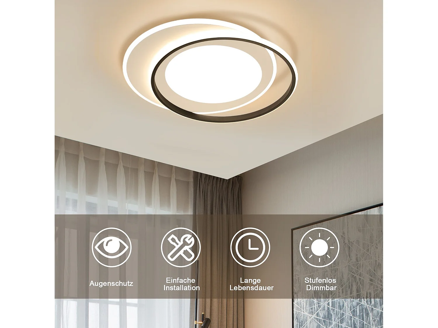 NETTLIFE Lampa sufitowa LED Czarny Biały Okrągły 66 W Nowoczesna 48,5 cm Możliwość ściemniania za pomocą pilota Lampa do salonu do sypialni, kuchni, przedpokoju