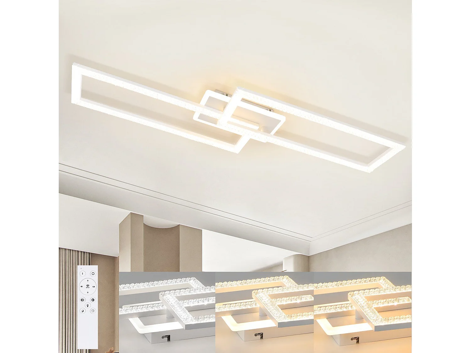 NETTLIFE Plafonnier LED 56 W ,3000K - 6500K, 80*25,5*7,5 cm Dimmable Blanc Moderne avec Télécommande 56W pour Chambre Cuisine Salle à Manger Salon