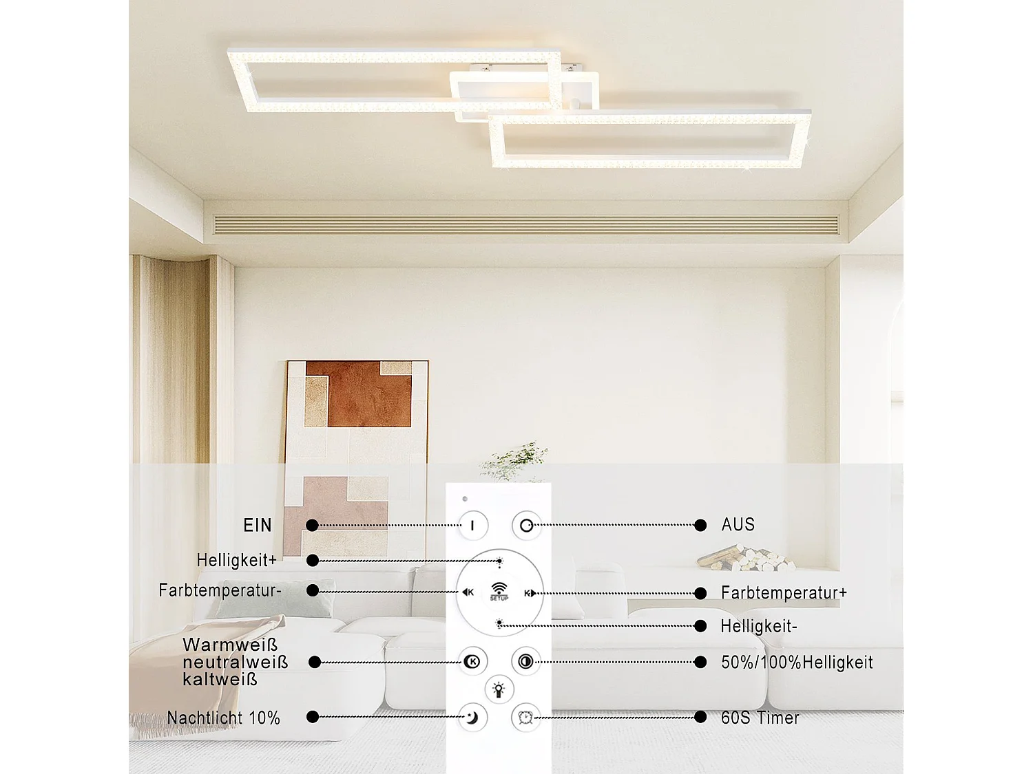 NETTLIFE Plafonnier LED 56 W ,3000K - 6500K, 80*25,5*7,5 cm Dimmable Blanc Moderne avec Télécommande 56W pour Chambre Cuisine Salle à Manger Salon