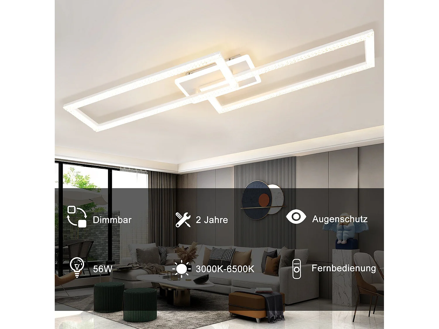 NETTLIFE Plafonnier LED 56 W ,3000K - 6500K, 80*25,5*7,5 cm Dimmable Blanc Moderne avec Télécommande 56W pour Chambre Cuisine Salle à Manger Salon