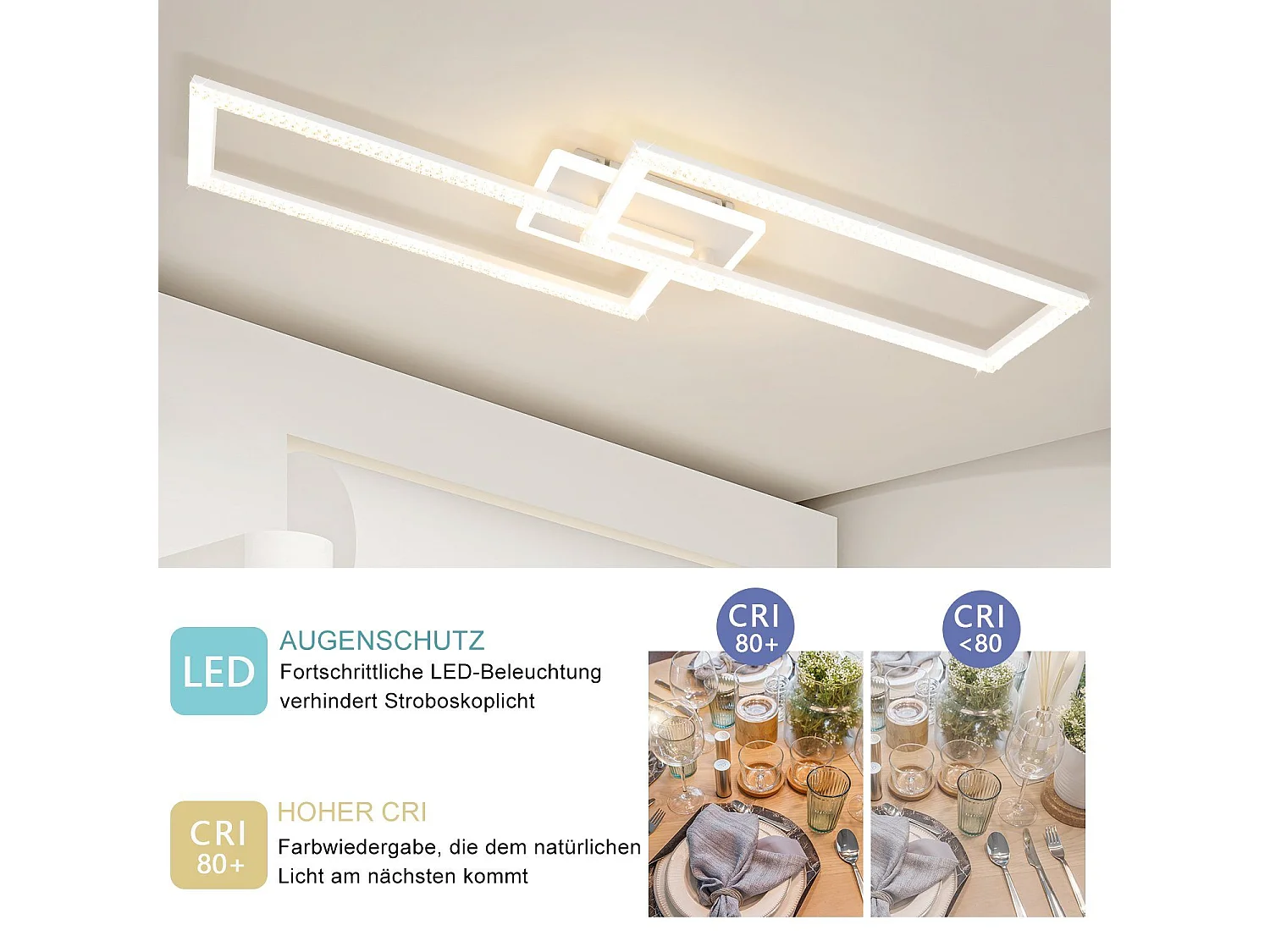 NETTLIFE Plafonnier LED 56 W ,3000K - 6500K, 80*25,5*7,5 cm Dimmable Blanc Moderne avec Télécommande 56W pour Chambre Cuisine Salle à Manger Salon