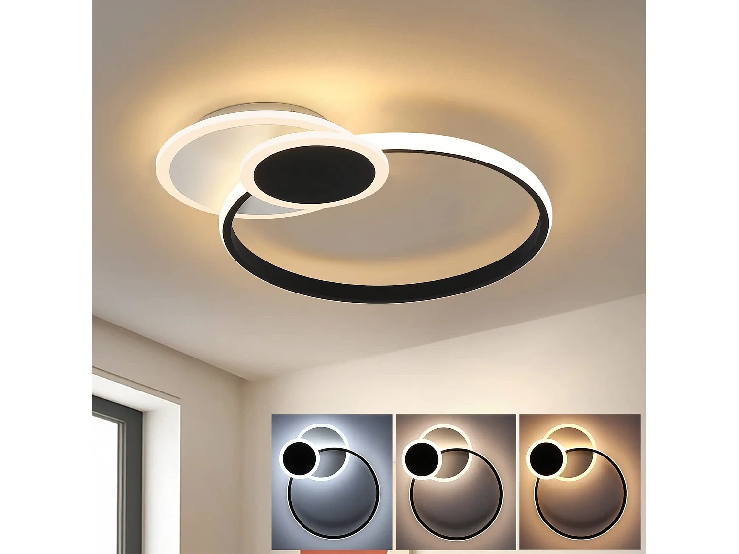NETTLIFE Plafonnier LED 39W Moderne Noir Blanc Fer Aluminium et Acrylique avec Télécommande Lampe de Chambre pour Salle à Manger Bureau Couloir