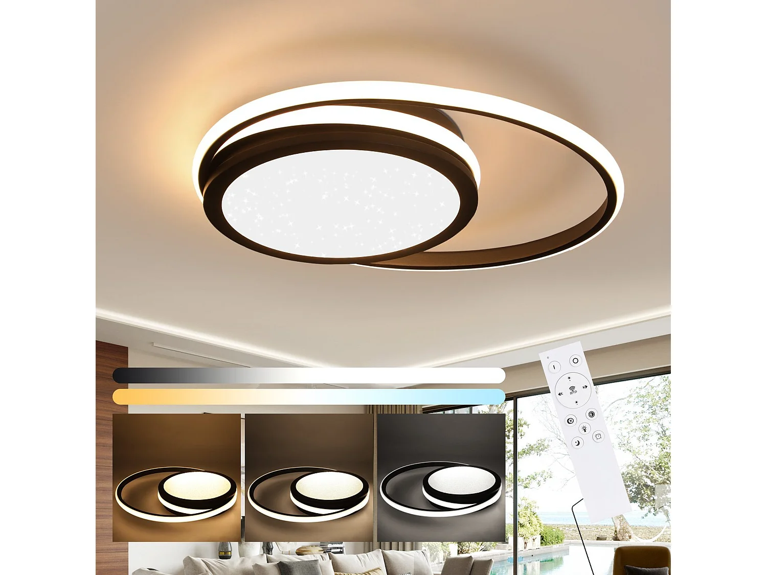 NETTLIFE Plafonnier LED Salon - Lampe Noire Dimmable Lampe Ronde Moderne 56 W avec Design Ciel Étoilé pour Chambre Étude Hôtel Bureau Cuisine