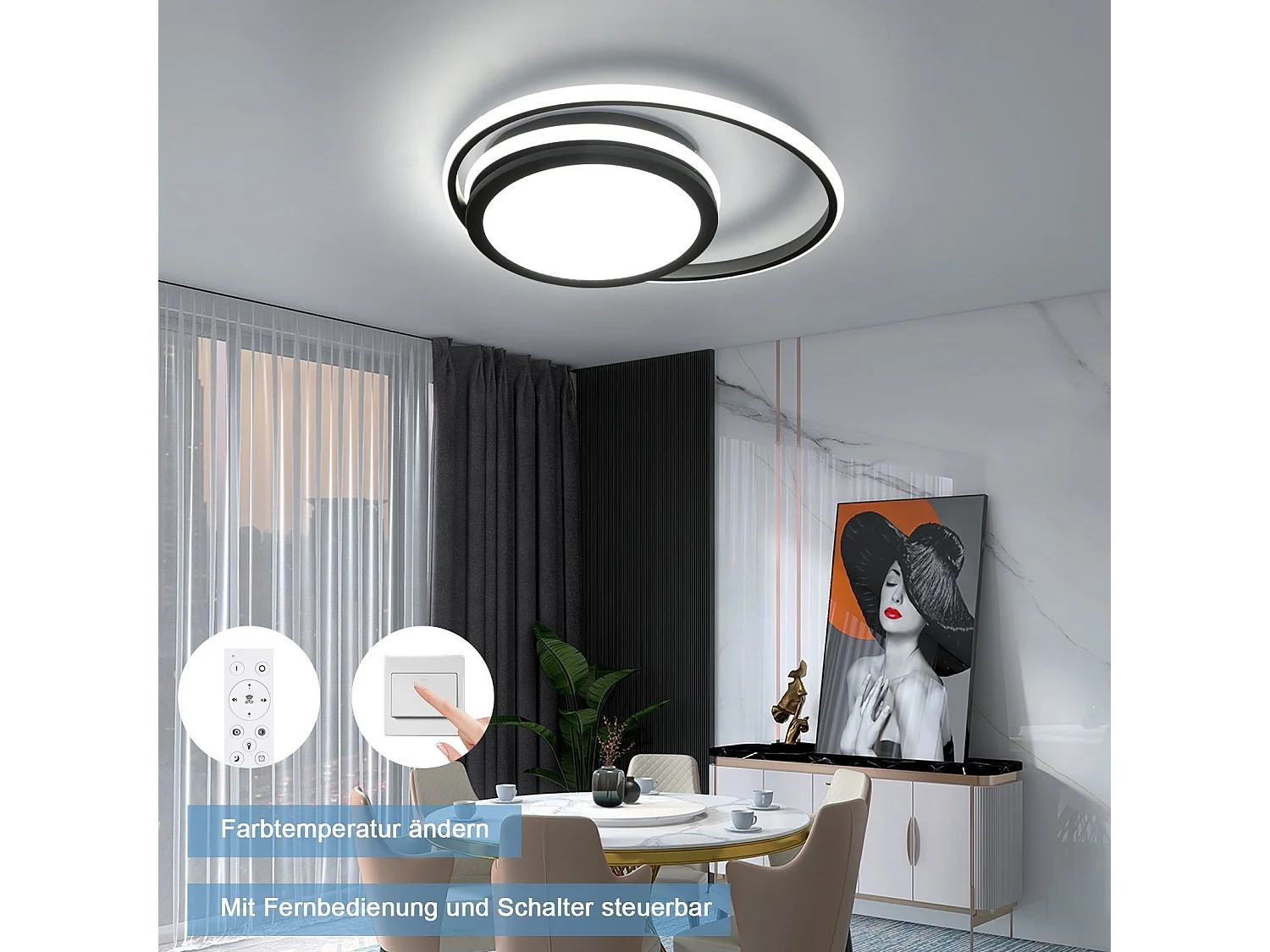NETTLIFE Plafondlamp LED - 46W - rond - Dimbaar - Moderne Keukenverlichting - met Sterrenhemelontwerp - Zwart - voor Slaapkamer | Studeerkamer | Hotel