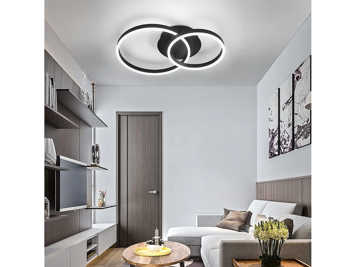 NETTLIFE Plafondlamp LED - Zwart - Ring Design - 2-Lichts - Dimbaar - 46W - Moderne Plafondverlichting- met Afstandsbediening - voor Slaapkamer | Keuken | Woonkamer
