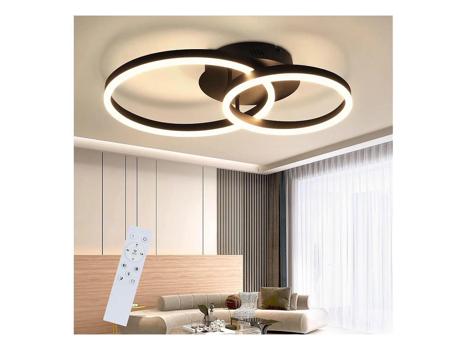 NETTLIFE Plafondlamp LED - Zwart - Ring Design - 2-Lichts - Dimbaar - 46W - Moderne Plafondverlichting- met Afstandsbediening - voor Slaapkamer | Keuken | Woonkamer