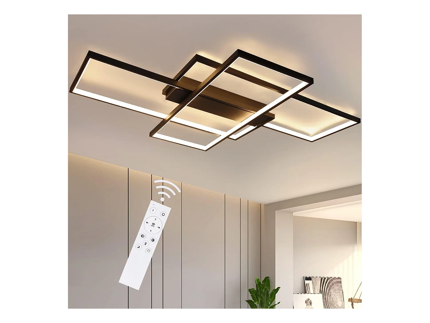 NETTLIFE Plafonnier Dimmable, 100x70x8cm, 3 Carrés Plafonniers LED noir Modernes avec Télécommande, 88W Acrylique Éclairage Lampe de Plafond