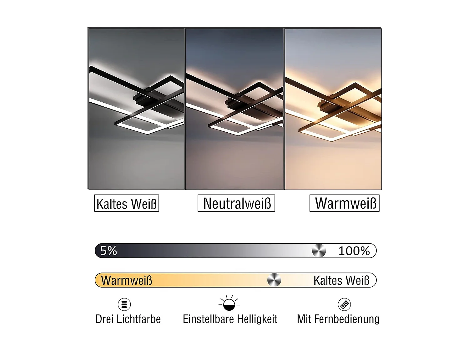 NETTLIFE Plafonnier Dimmable, 100x70x8cm, 3 Carrés Plafonniers LED noir Modernes avec Télécommande, 88W Acrylique Éclairage Lampe de Plafond