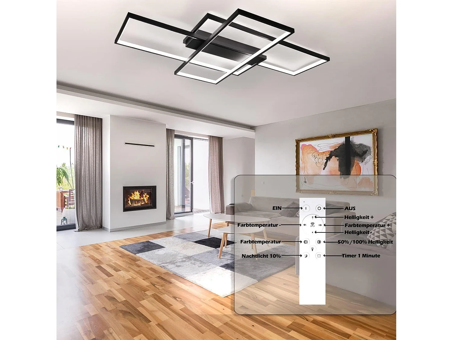 NETTLIFE Plafonnier Dimmable, 100x70x8cm, 3 Carrés Plafonniers LED noir Modernes avec Télécommande, 88W Acrylique Éclairage Lampe de Plafond