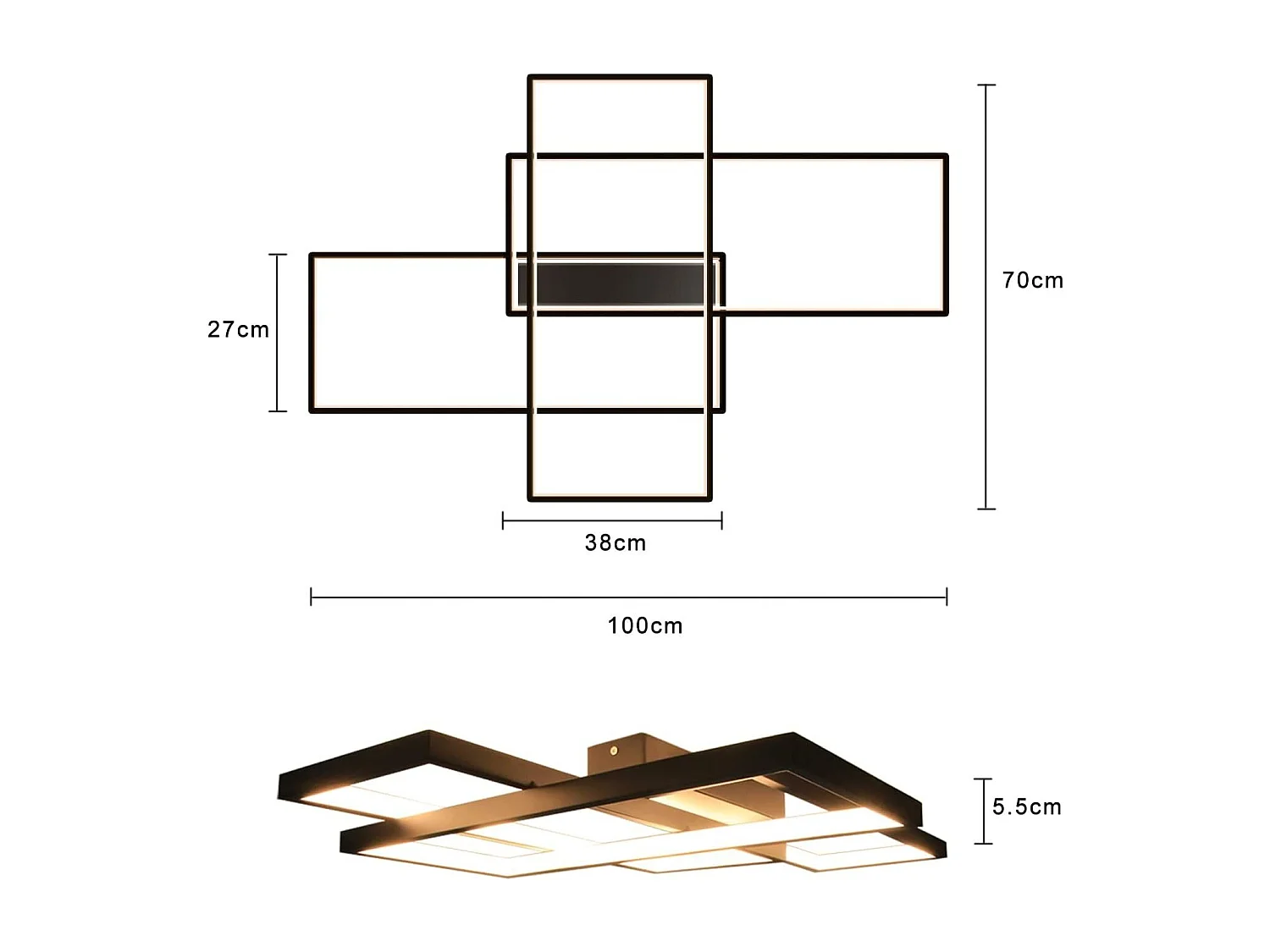 NETTLIFE Plafonnier Dimmable, 100x70x8cm, 3 Carrés Plafonniers LED noir Modernes avec Télécommande, 88W Acrylique Éclairage Lampe de Plafond