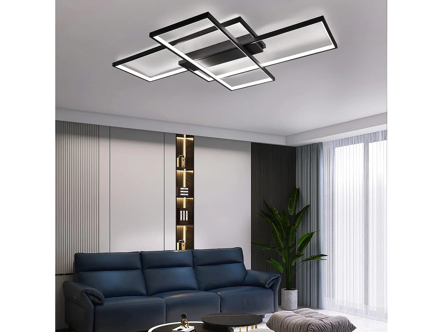 NETTLIFE Plafonnier Dimmable, 100x70x8cm, 3 Carrés Plafonniers LED noir Modernes avec Télécommande, 88W Acrylique Éclairage Lampe de Plafond