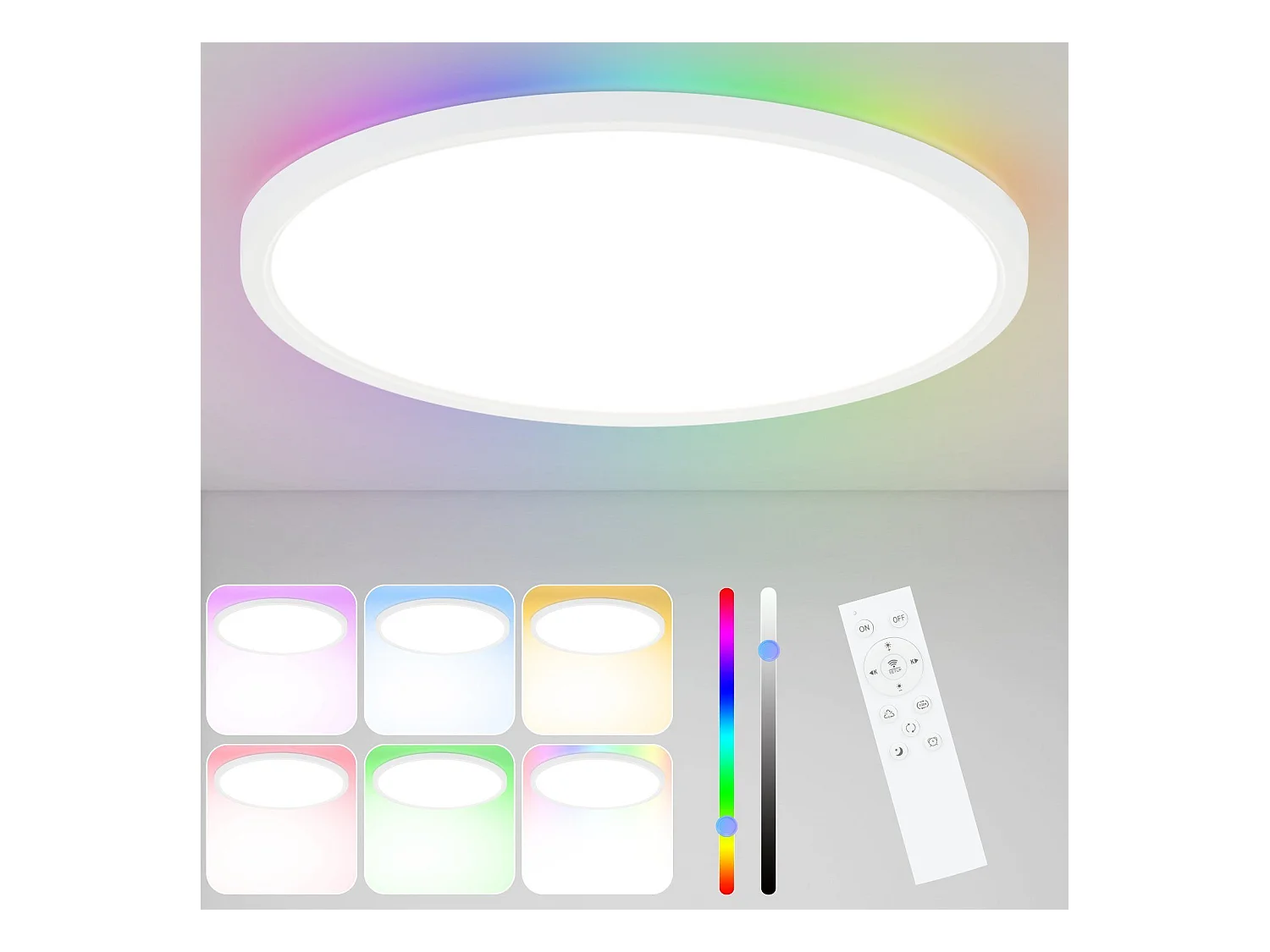 NETTLIFE Plafonnier LED RGB 30 cm Rond IP44 24 W Plat Changement de Couleur Intensité Variable avec Télécommande Chambre pour Chambre