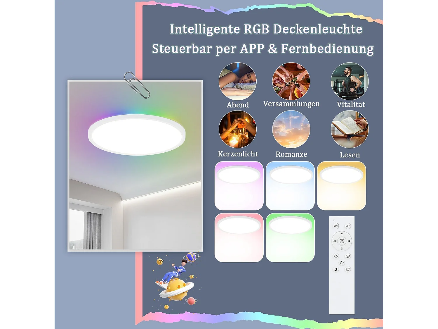 NETTLIFE Plafonnier LED RGB 30 cm Rond IP44 24 W Plat Changement de Couleur Intensité Variable avec Télécommande Chambre pour Chambre