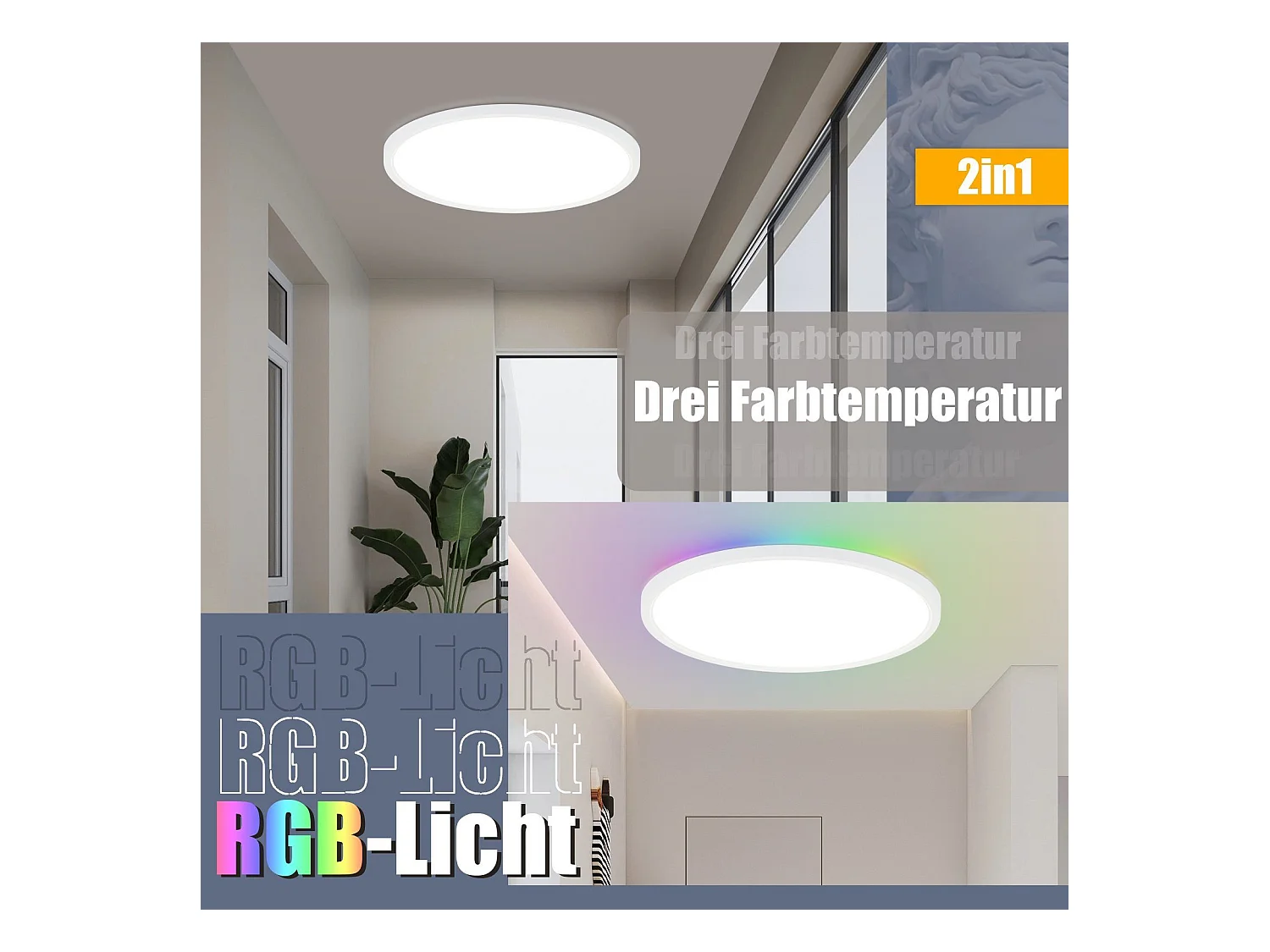 NETTLIFE Plafonnier LED RGB 30 cm Rond IP44 24 W Plat Changement de Couleur Intensité Variable avec Télécommande Chambre pour Chambre