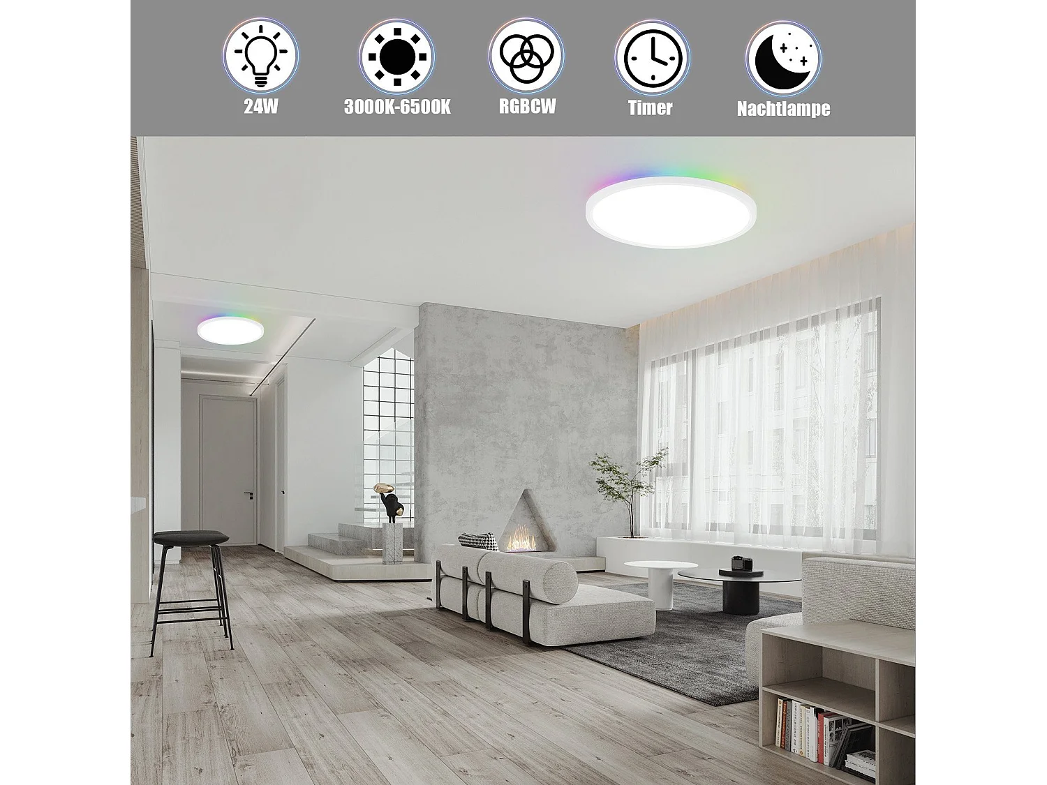 NETTLIFE Plafonnier LED RGB 30 cm Rond IP44 24 W Plat Changement de Couleur Intensité Variable avec Télécommande Chambre pour Chambre