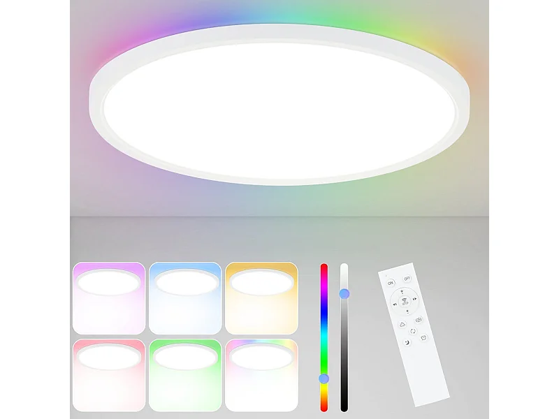 NETTLIFE Plafonnier LED RGB 30 cm Rond IP44 24 W Plat Changement de Couleur Intensité Variable avec Télécommande Chambre pour Chambre