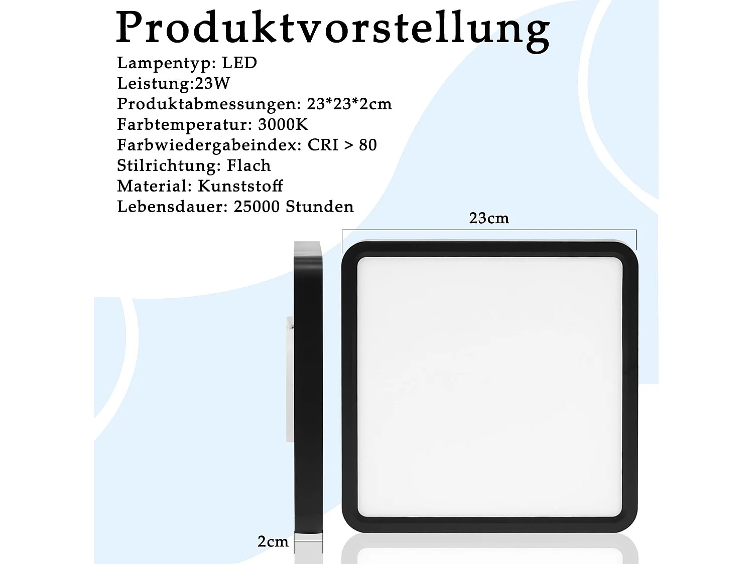 NETTLIFE Plafondlamp - LED - Ø 23 cm - Zwart plafonniére - 23W - warmwit licht - rechthoek