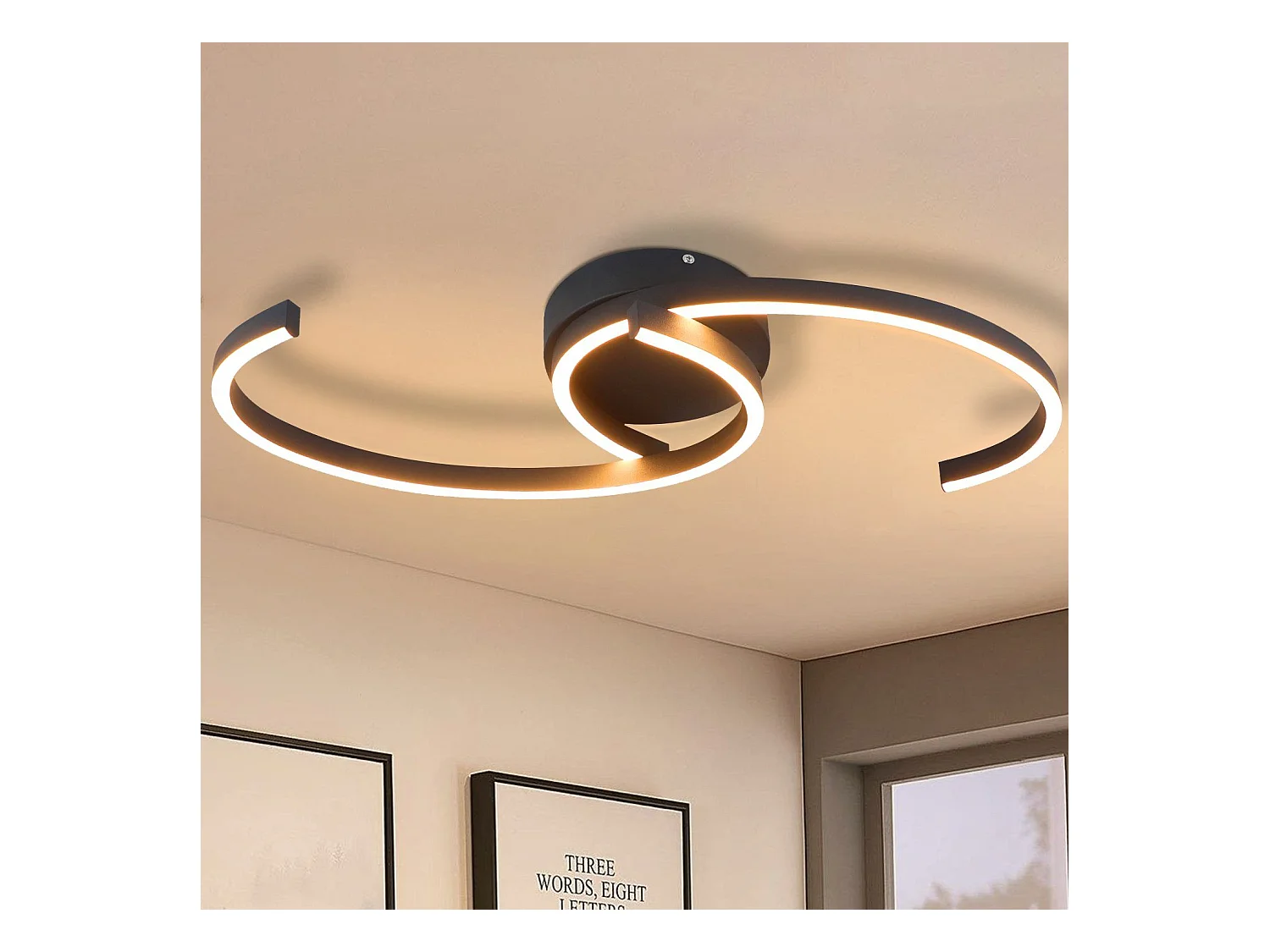 NETTLIFE Plafonnier LED Moderne 60 cm Noir 24 W Blanc Chaud Lampe de Salon pour Chambre Cuisine Couloir Salle à Manger