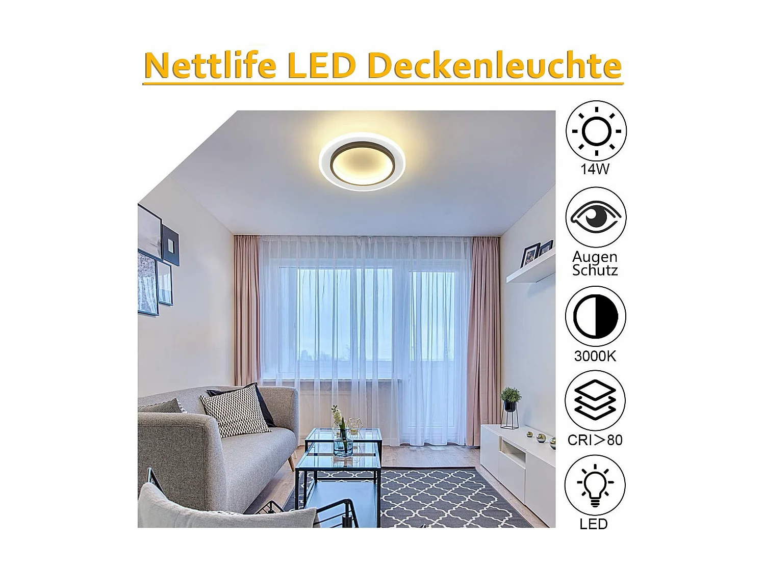 NETTLIFE Plafonnier LED Blanc 14W Rond lampe de couloir 3000K blanc chaud design moderne lampe de couloir plafonnier 23,5cm pour cuisine salon