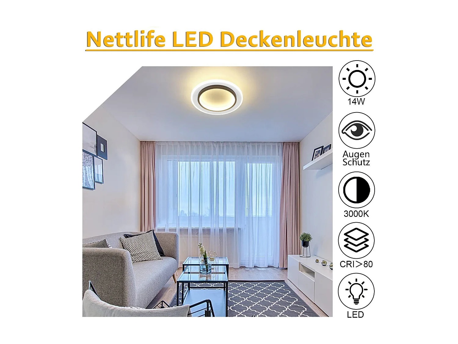 NETTLIFE Plafonnier LED Blanc 14W Rond lampe de couloir 3000K blanc chaud design moderne lampe de couloir plafonnier 23,5cm pour cuisine salon