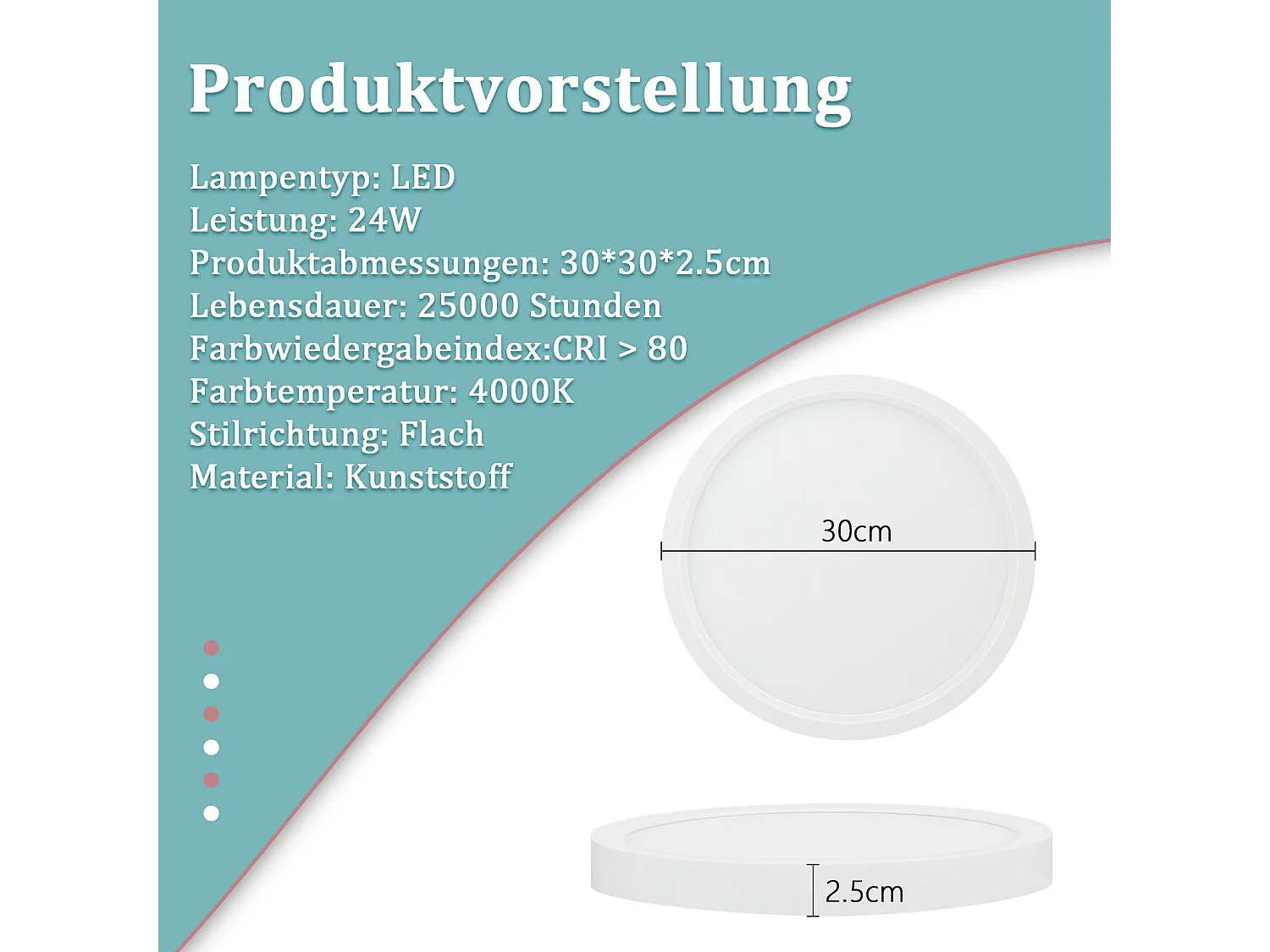 NETTLIFE Lámpara de Techo LED 24W 4000K 30cm Dormitorio Diámetro Plano Lámpara Redonda Blanca para Cocina Baño Pasillo