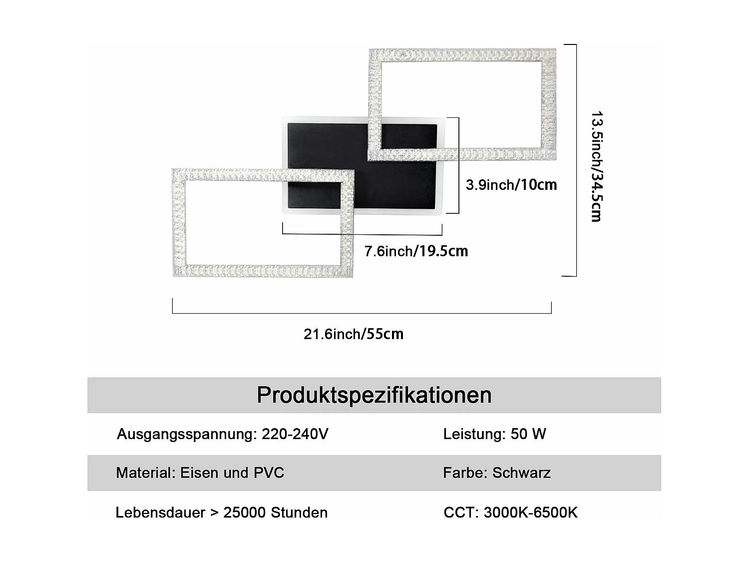 NETTLIFE Plafonnier LED 3000K-6500K, 46W Noir Dimmable Moderne avec Télécommande Éclairage de Plafond Lampe de Cuisine pour Chambre Bureau Couloir