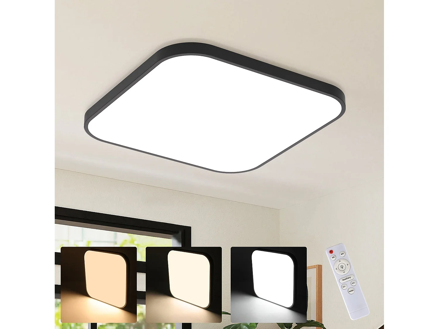 NETTLIFE Plafonnier LED IP44 Noir 27 cm 15 W Chambre Cuisine Dimmable avec Télécommande Salle de Bain Carrée pour Couloir