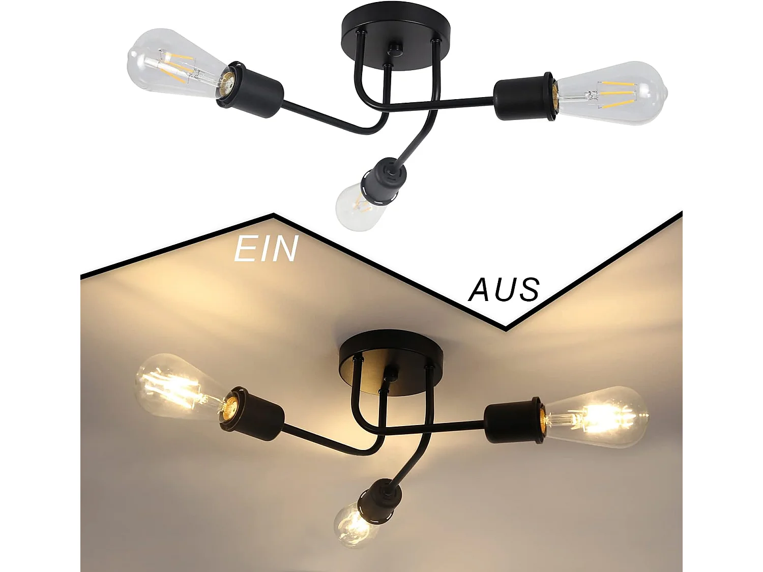NETTLIFE Plafondlamp - E27 Fitting - 3-Lichts - zwart - Vintage - industriële Woonkamerlamp Max. 25W - voor Slaapkamer | Eetkamer | Keuken - Zonder lamp