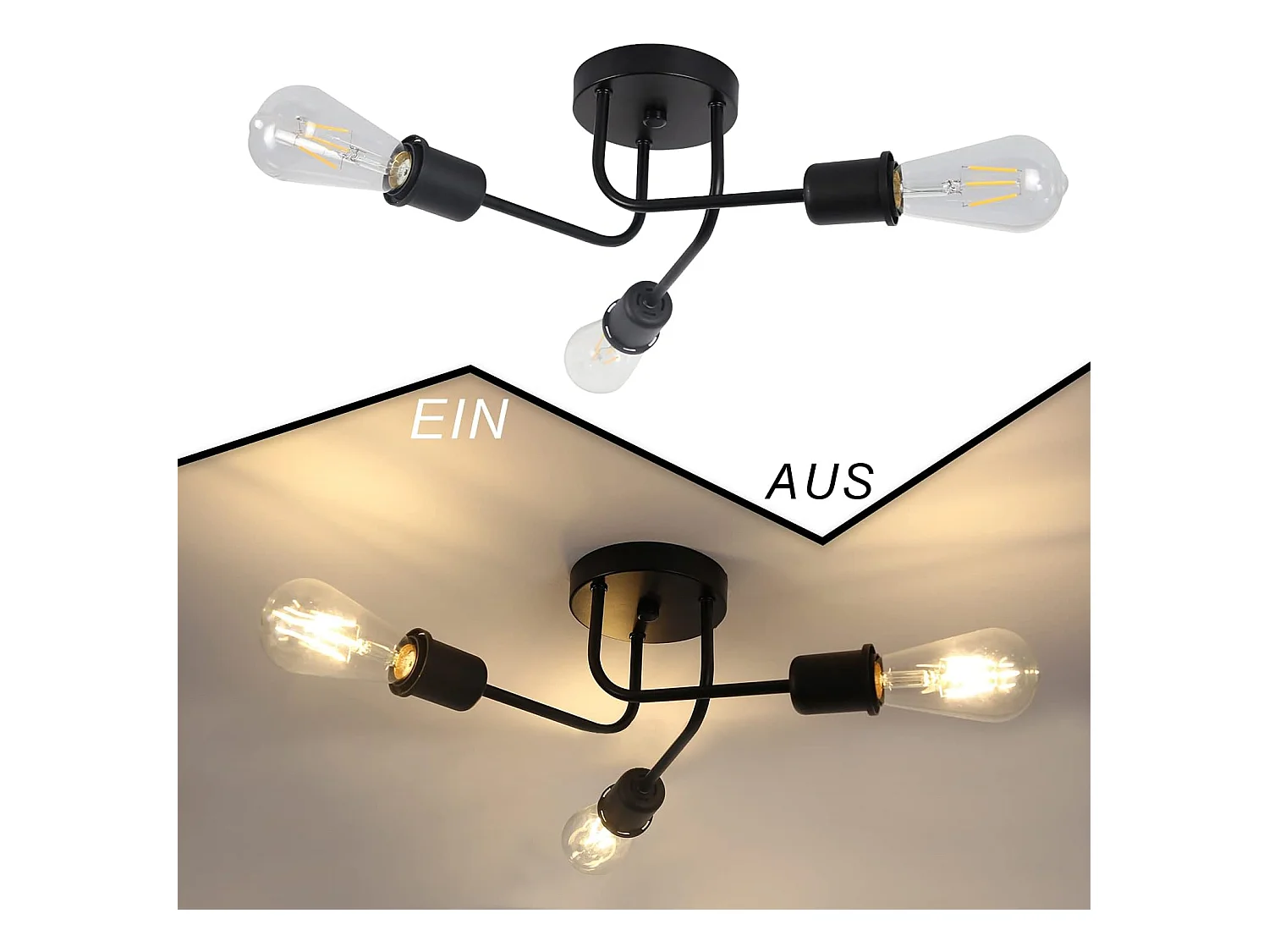 NETTLIFE Plafonnier 3 Spots noir Max.25W E27 vintage pour salon chambre salle à manger style rustique industriel sans ampoule