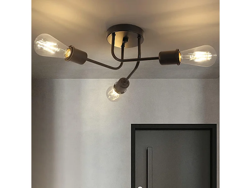 NETTLIFE Plafón 3 puntos negros Max.25W E27 vintage para salón dormitorio comedor estilo rústico industrial sin bombilla