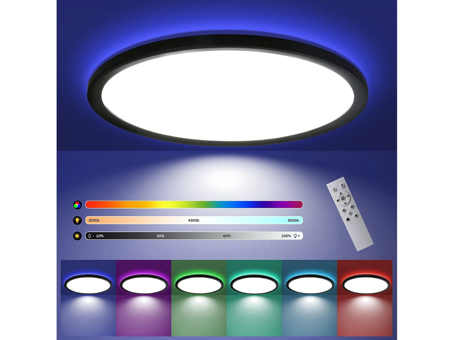 NETTLIFE Plafonnier LED à couleur changeante  avec télécommande à intensité variable Diamètre 30 cm pour chambre à coucher, salle de bain, couloir