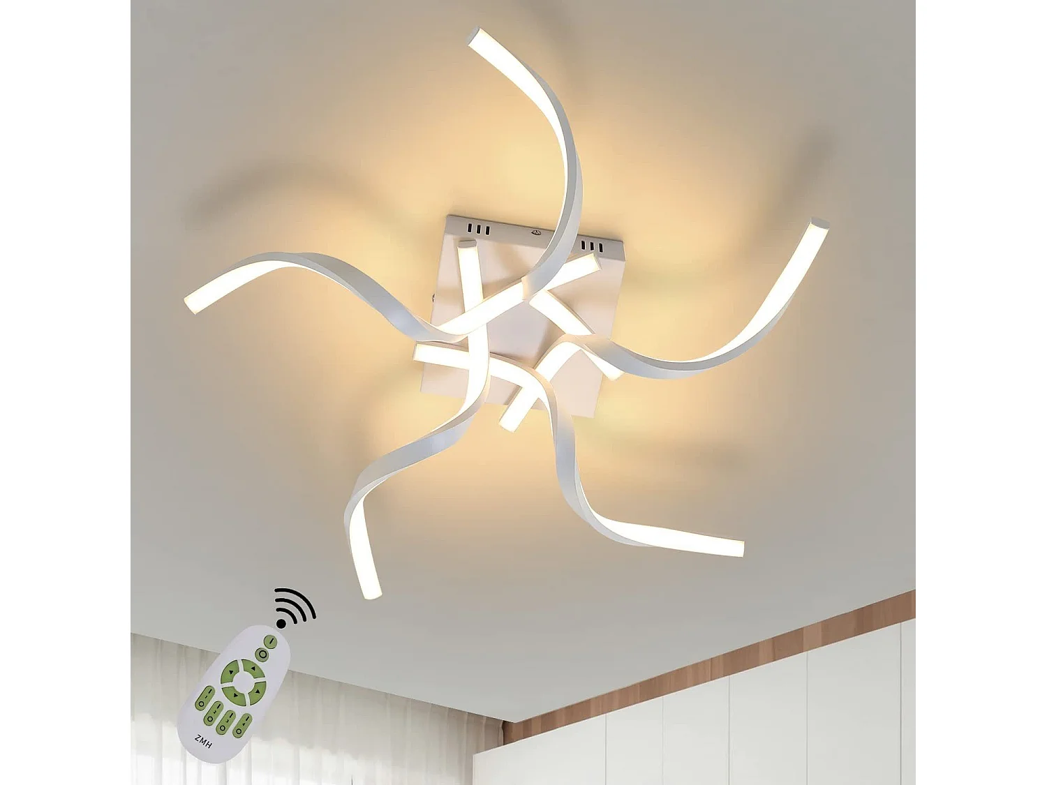 NETTLIFE Plafonnier LED Blanc Moderne Dimmable 65CM Lampe de Chambre Design en Forme de Vague 48W pour Salon Cuisine Bureau Couloir