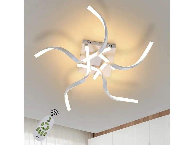 NETTLIFE Plafonnier LED Blanc Moderne Dimmable 65CM Lampe de Chambre Design en Forme de Vague 48W pour Salon Cuisine Bureau Couloir