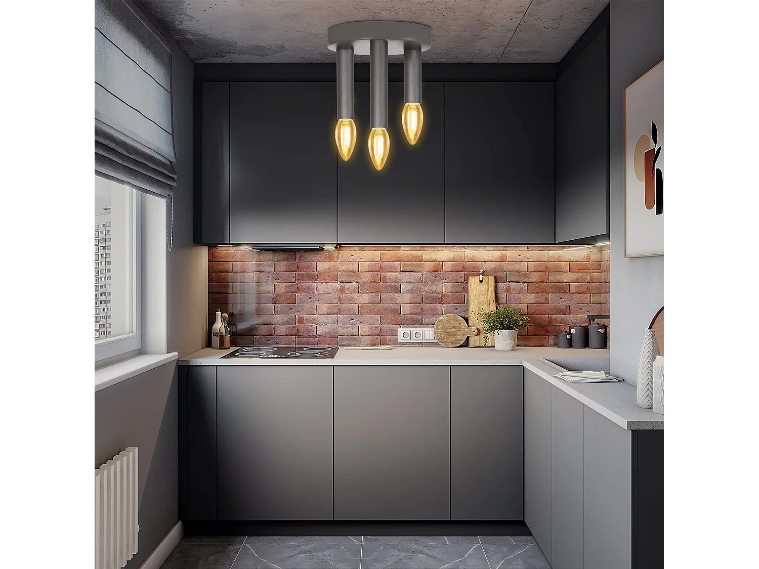 NETTLIFE 3 Spots E14 Plafonnier Vintage Lampe de Chambre Grise Industrielle Rétro avec Lustre en Métal pour Salon Cuisine Couloir Bar, Max. 25W