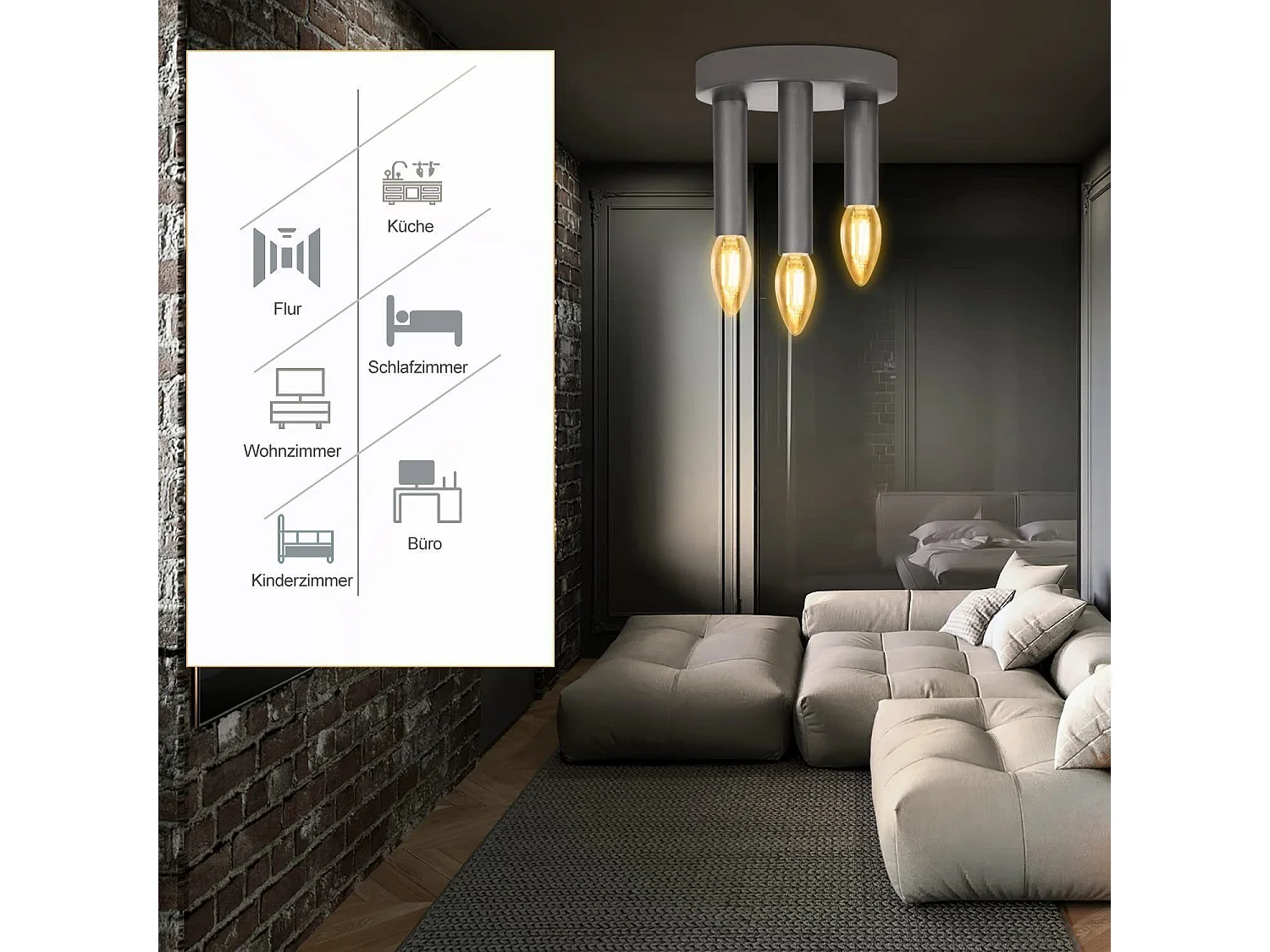 NETTLIFE 3 Spots E14 Plafonnier Vintage Lampe de Chambre Grise Industrielle Rétro avec Lustre en Métal pour Salon Cuisine Couloir Bar, Max. 25W