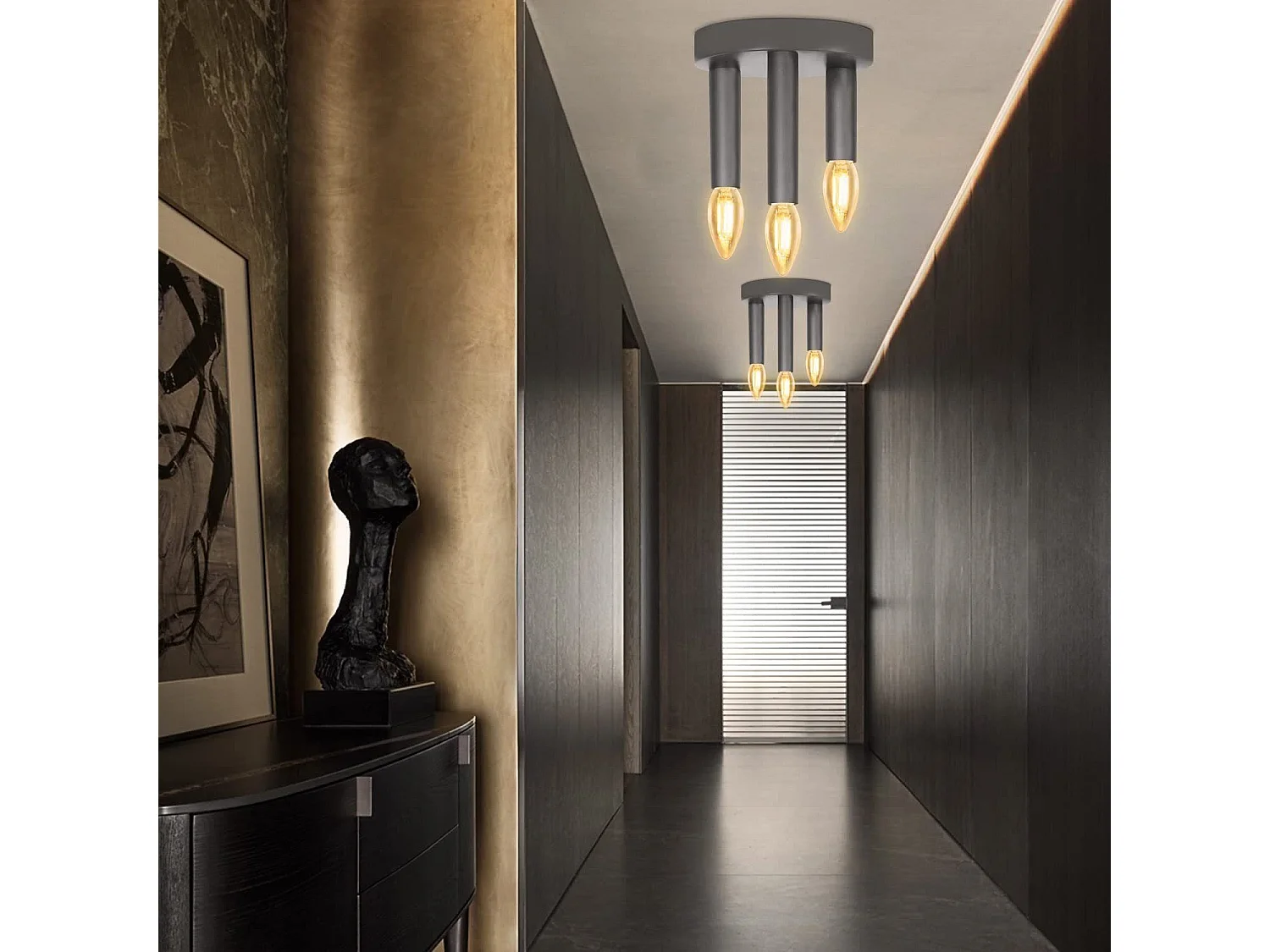 NETTLIFE 3 Spots E14 Plafonnier Vintage Lampe de Chambre Grise Industrielle Rétro avec Lustre en Métal pour Salon Cuisine Couloir Bar, Max. 25W