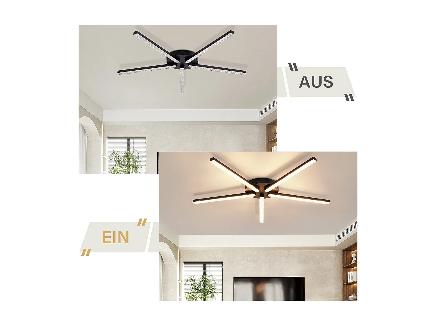 NETTLIFE LED-Deckenleuchte für Wohnzimmer, 63,5 cm, 24 W, für Küche, Schwarz, modern, 5-flammig, Design, Flur, warmweiß, Kristall, Schlafzimmer für Küche
