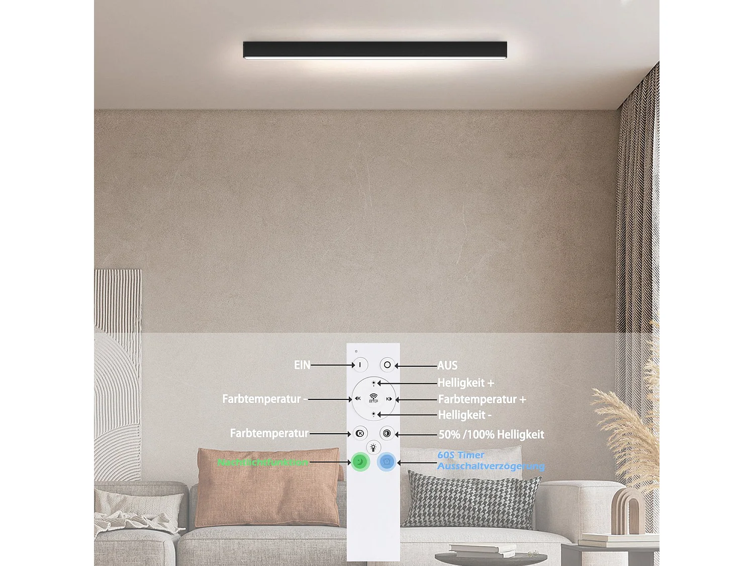 NETTLIFE Lampa sufitowa LED do salonu - 25W czarna lampa kuchenna, długa 80cm, ściemnialna lampa panelowa z pilotem, nowoczesna do przedpokoju w sypialni