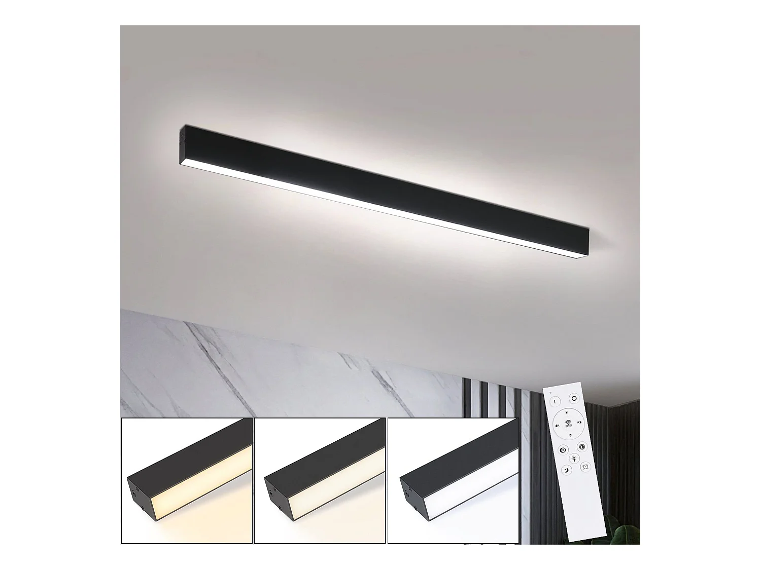NETTLIFE LED-plafondlamp - 25W zwarte lamp, 80 cm lang, dimbaar paneel met afstandsbediening, modern voor de slaapkamer