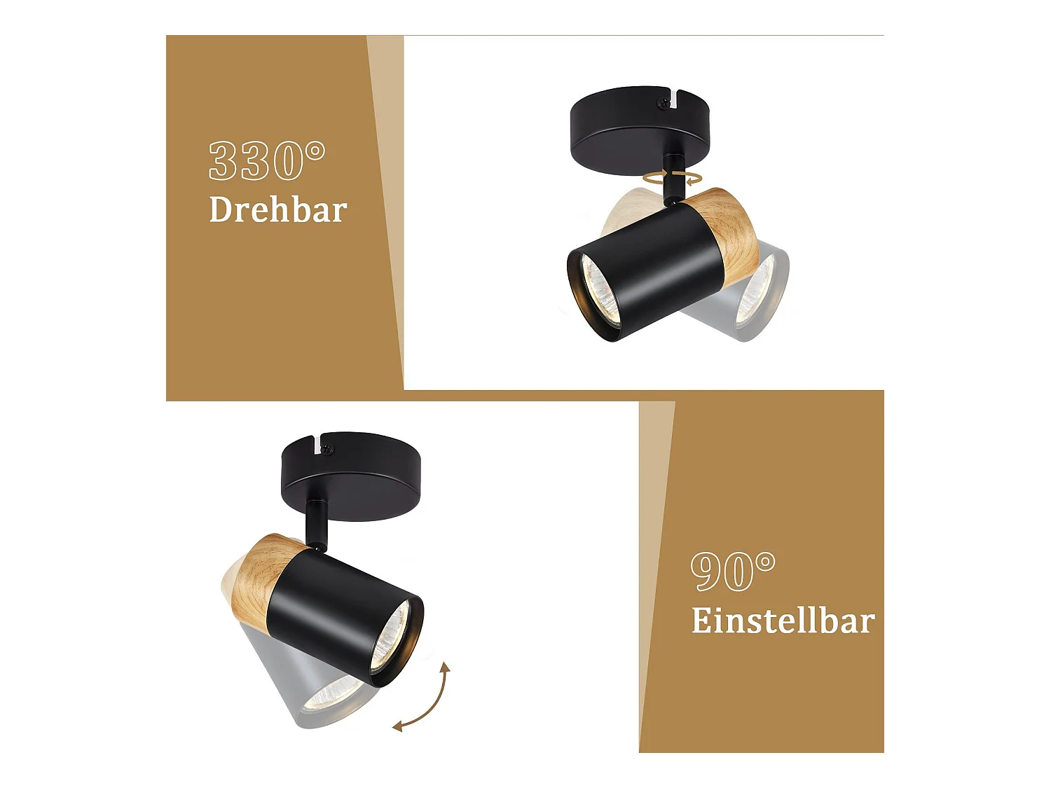 NETTLIFE Foco de Techo LED Focos de Madera GU10 Lámpara Giratoria de 330° Negro Vintage Interior para Pasillo Sala de Estar Dormitorio Cocina