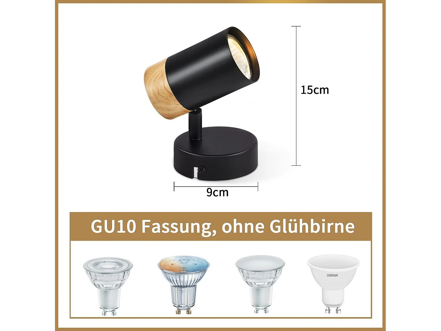 NETTLIFE Plafonnier LED Spot Spots en Bois GU10 Pivotant 330° Lampe Noir Vintage Intérieur pour Couloir Salon Chambre Cuisine