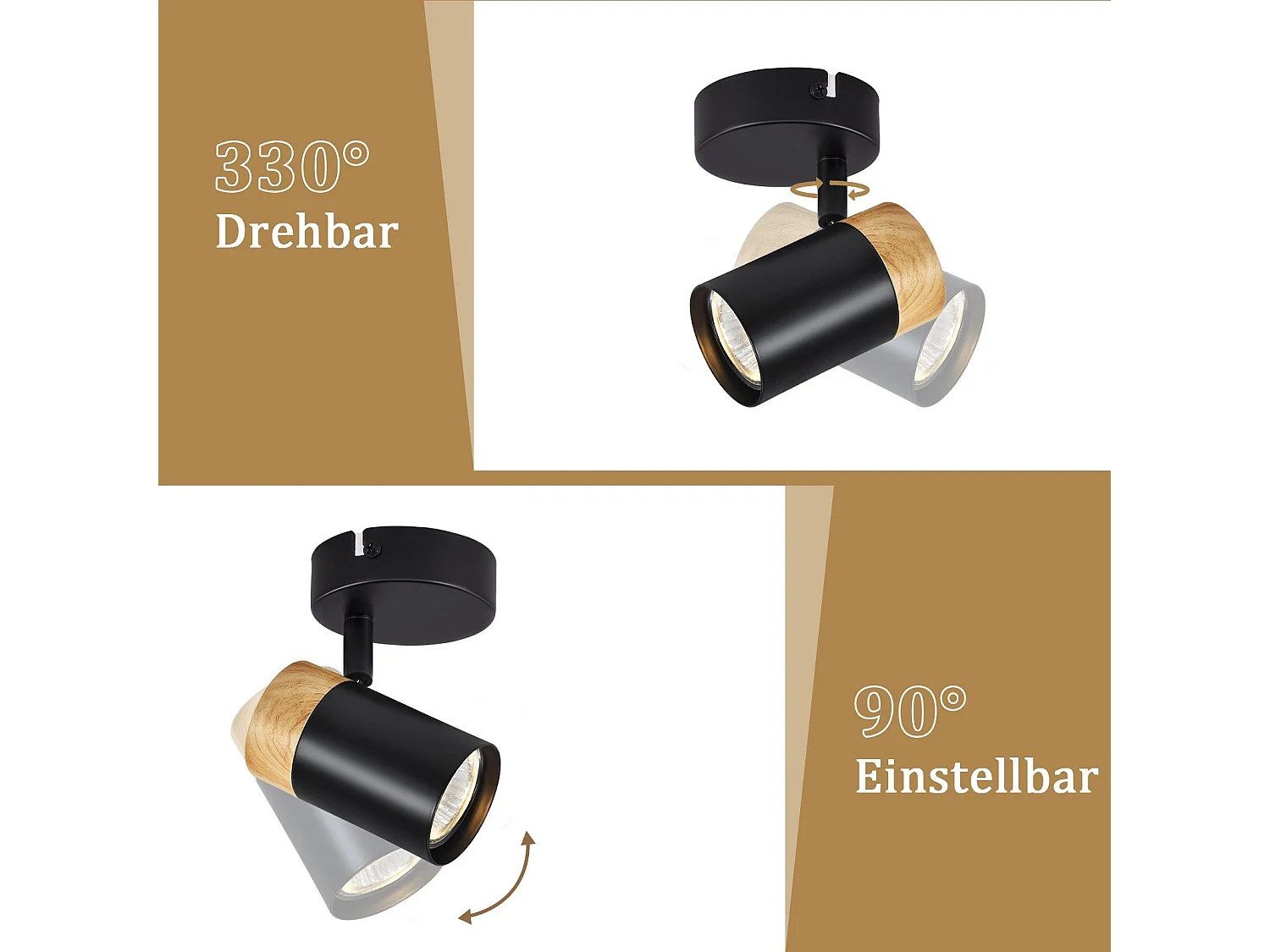 NETTLIFE LED Deckenleuchte Spots Holz GU10 Schwenkbar 330° Lampe Schwarz Vintage Interior für Flur Wohnzimmer Schlafzimmer Küche