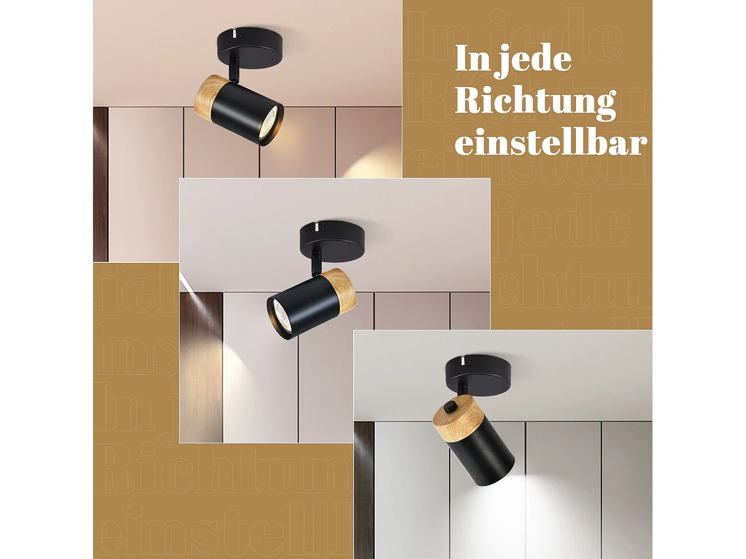 NETTLIFE LED Deckenleuchte Spots Holz GU10 Schwenkbar 330° Lampe Schwarz Vintage Interior für Flur Wohnzimmer Schlafzimmer Küche
