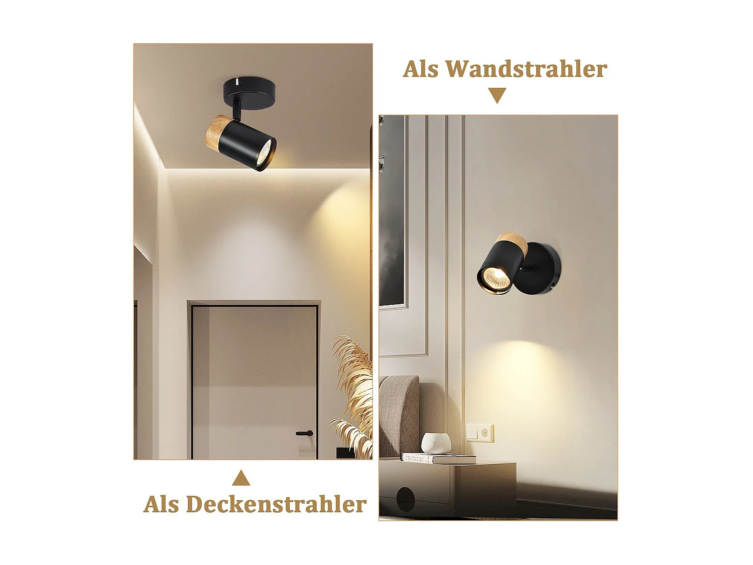 NETTLIFE LED Deckenleuchte Spots Holz GU10 Schwenkbar 330° Lampe Schwarz Vintage Interior für Flur Wohnzimmer Schlafzimmer Küche