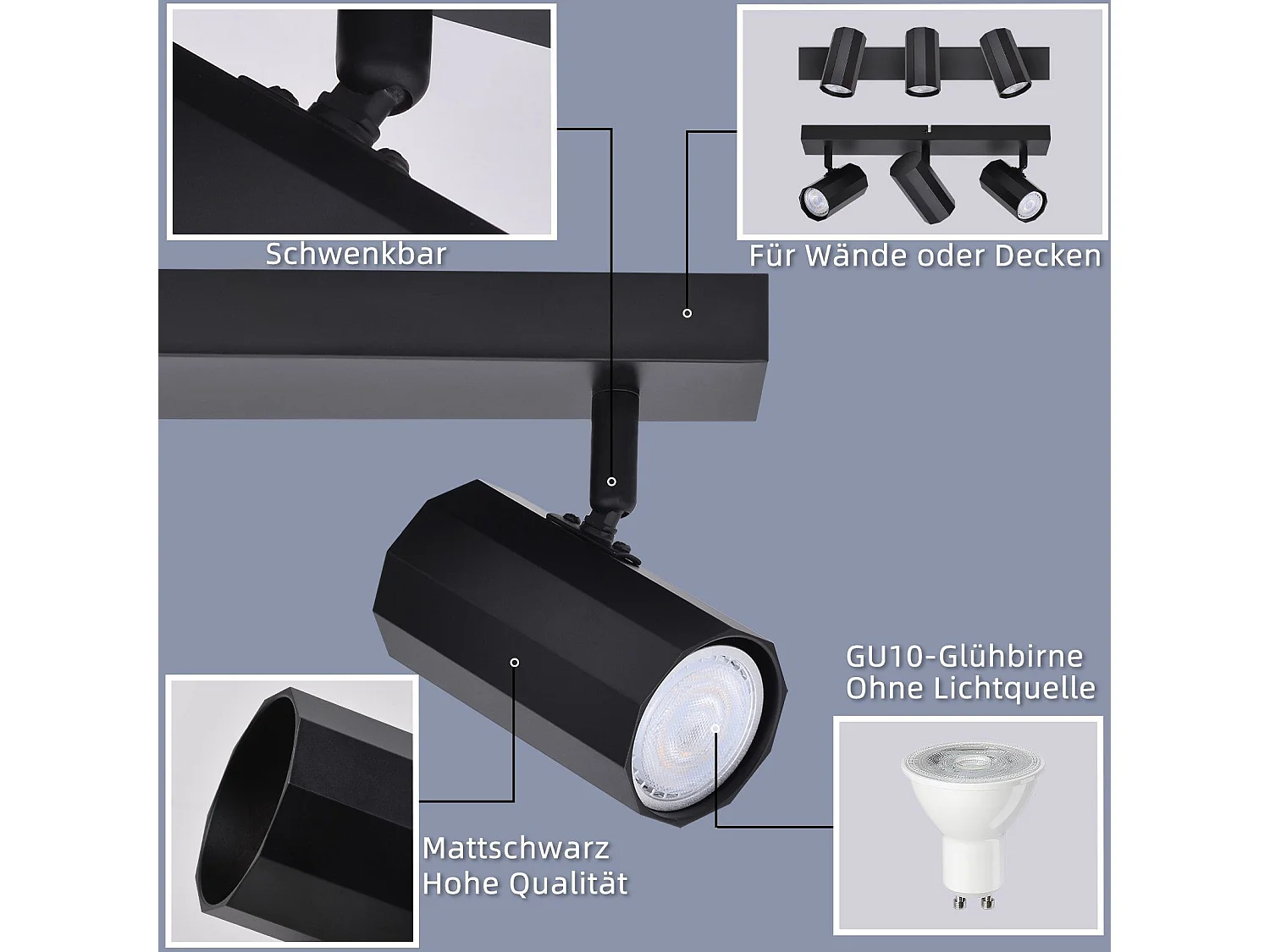 NETTLIFE Plafonnier 3 Spots  Métal MAX. 25W GU10 Ampoules Noir Rétro Lampe de Salon Vintage  orientable 350° pour cuisine, salle à manger